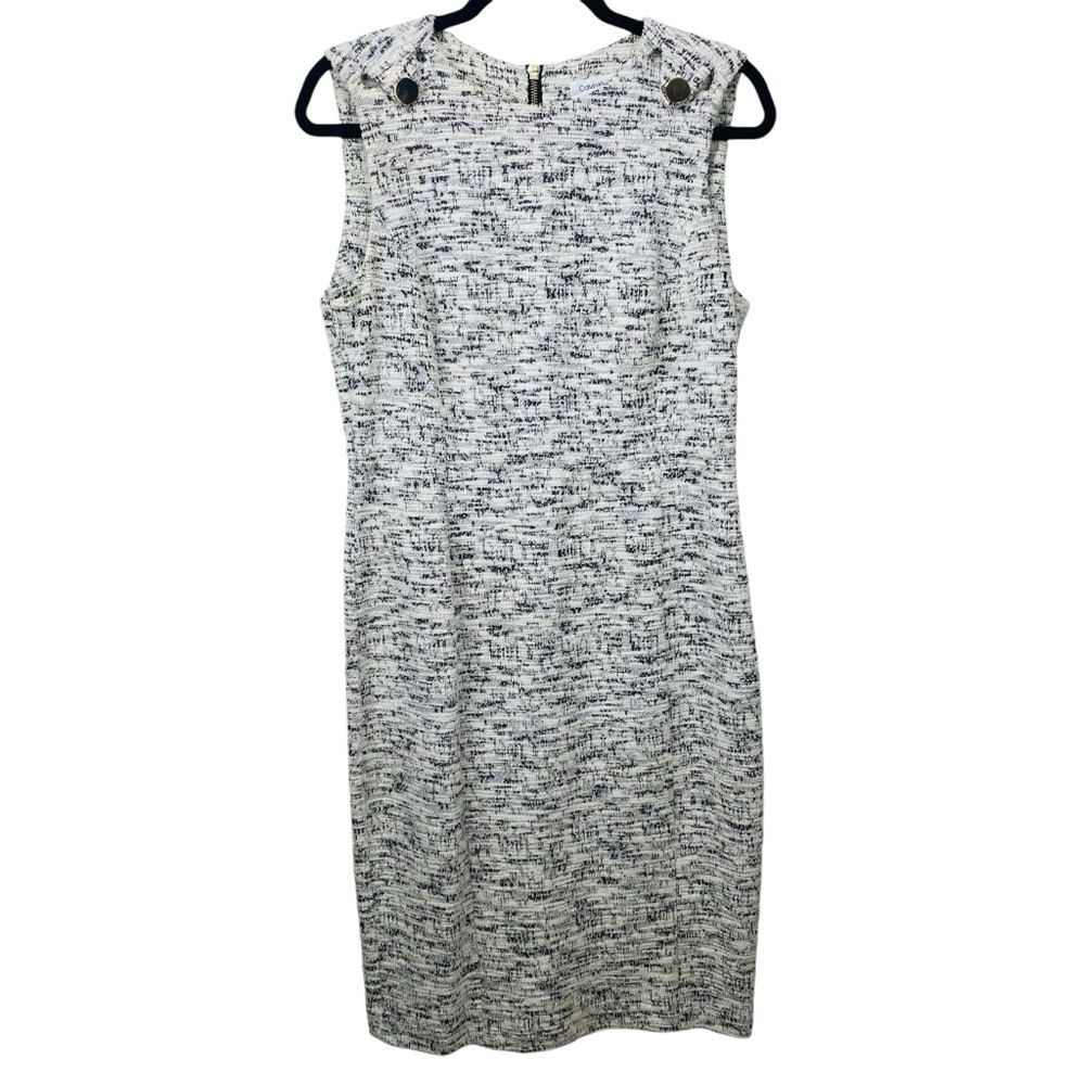 Calvin Klein Tweed Sheath Dress Women 12 Black White Sleeveless Knee Lenght Zip